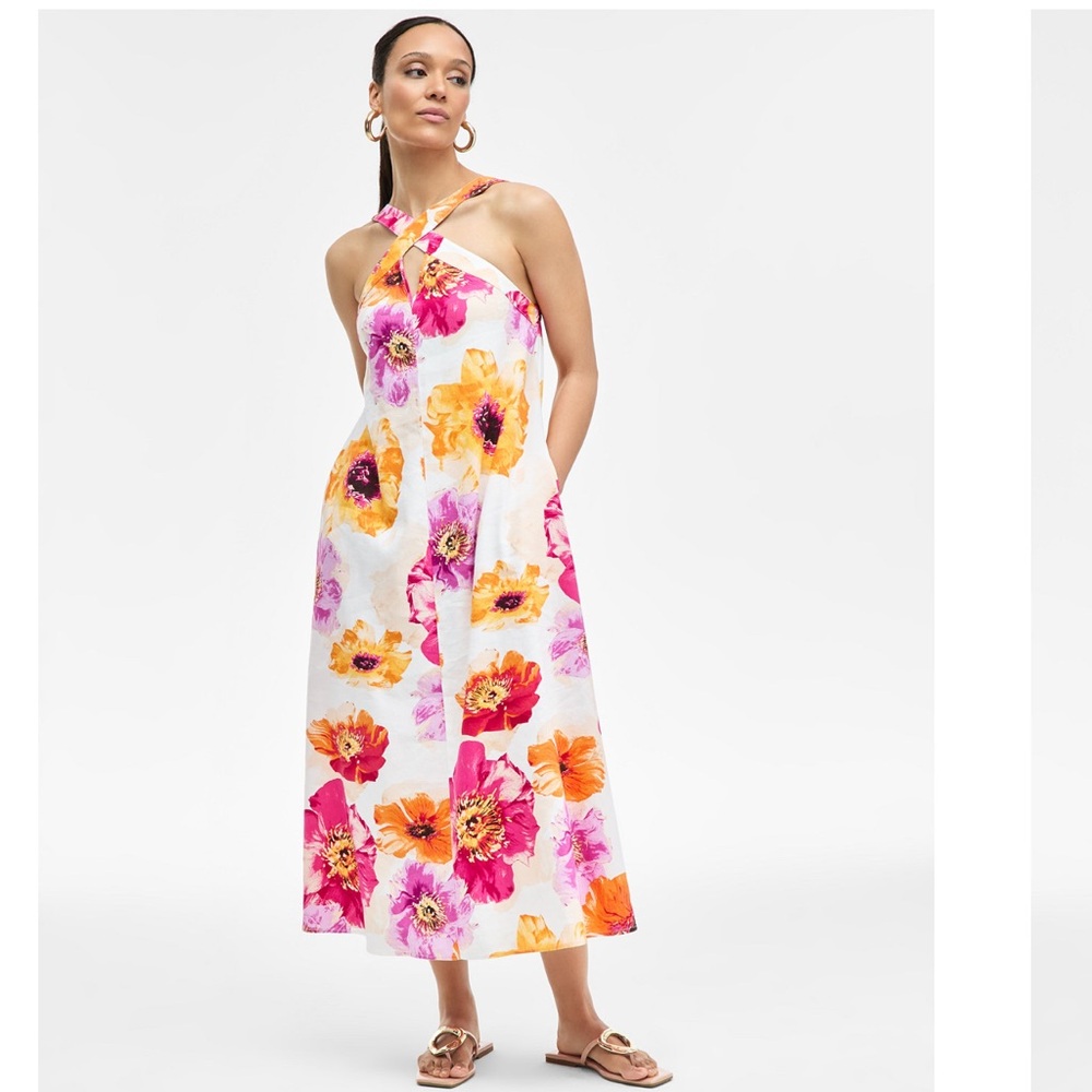INC Floral Halter Midi Dress NWT Pink Orange Cross Front Wedding Guest Large